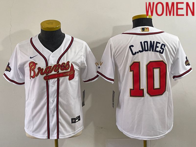 Women Atlanta Braves 10 C.Jones White Gold Game Nike 2023 MLB Jersey
